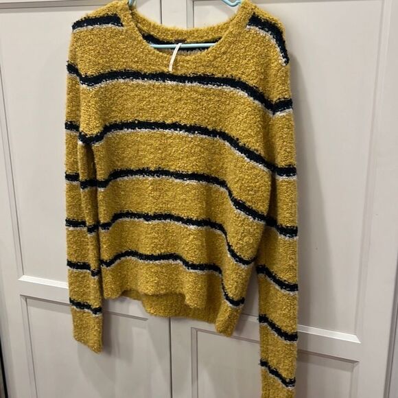 Free People size XS yellow and black striped sweater bohemian preppy comfy cute - Picture 2 of 4
